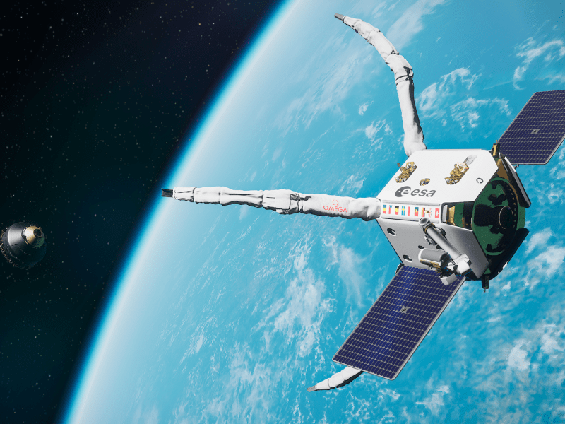 An artistic impression of the original ClearSpace-1 spacecraft approaching its target.