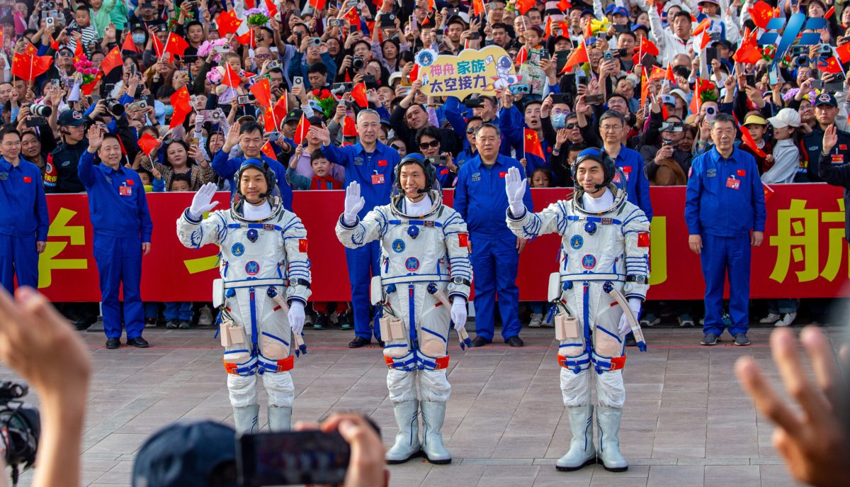 Shenzhou-18 commander Ye Guangfu (right) and astronauts Li Cong (center) and Li Guangsu (left) are celebrated prior to their sendoff.