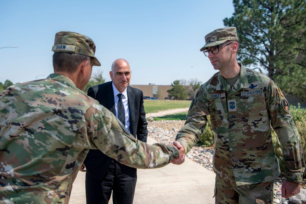 Frank Calvelli, assistant secretary of the Air Force for space acquisitions and integration, center, meets with U.S. Space Force officials at Schriever Space Force Base, Colorado. Credit: U.S. Space Force photo by Tiana Williams