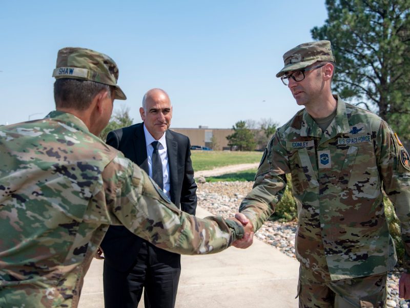 Frank Calvelli, assistant secretary of the Air Force for space acquisitions and integration, center, meets with U.S. Space Force officials at Schriever Space Force Base, Colorado. Credit: U.S. Space Force photo by Tiana Williams