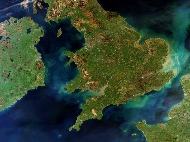 A satellite image of the UK and part of France.