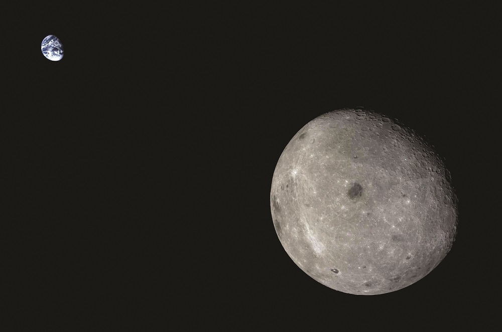 The far side of the moon and distant Earth, imaged by the 2014 Chang’e-5 T1 mission service module.