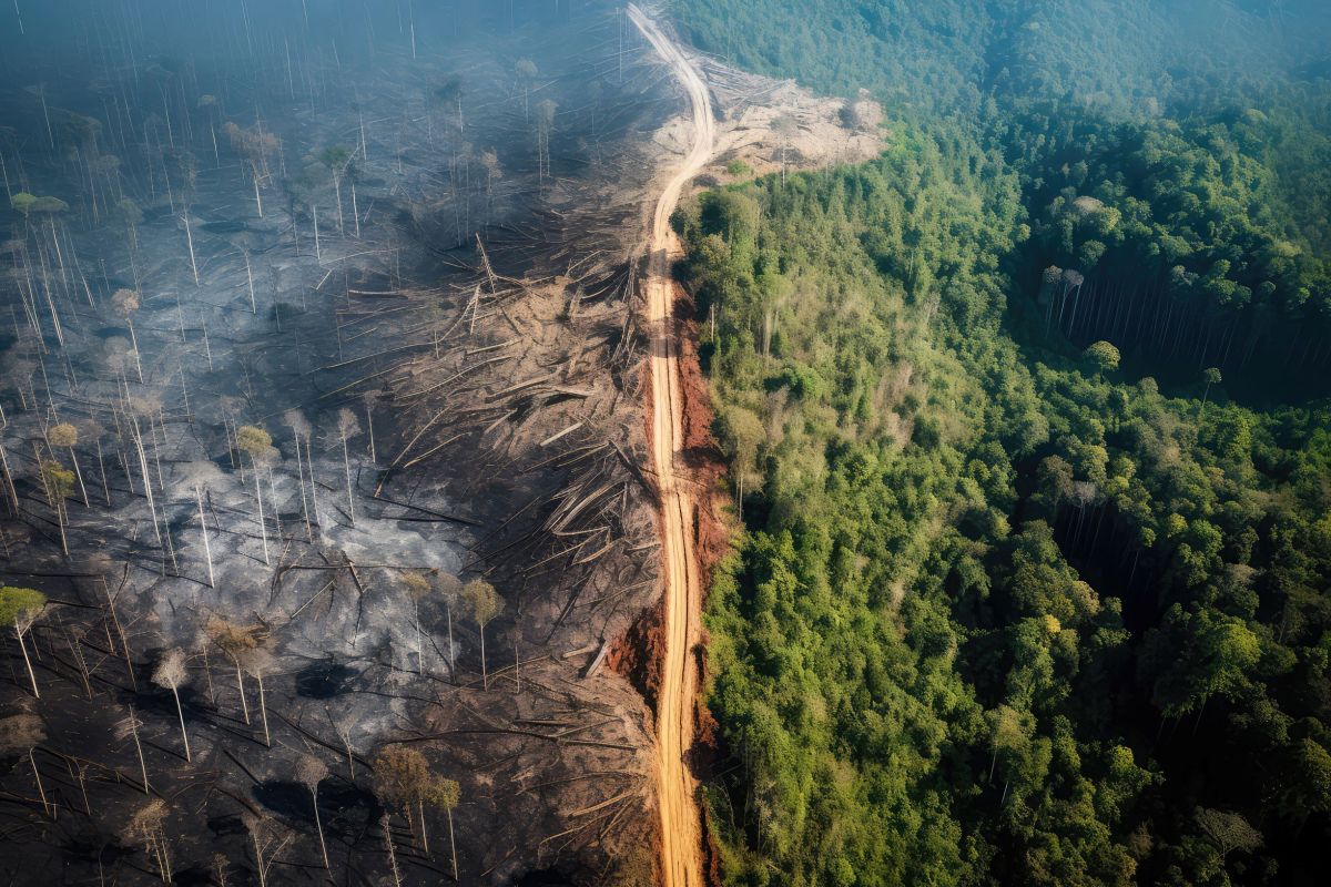 A satellite photo showing gray, logged, and cleared forest on one side of a road, and lush, green forest on the other.