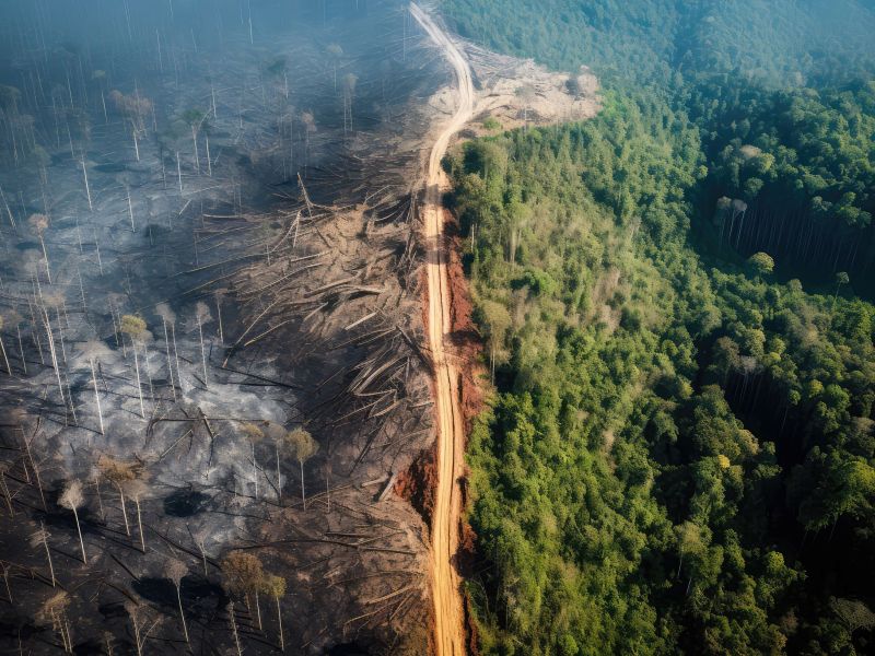 A satellite photo showing gray, logged, and cleared forest on one side of a road, and lush, green forest on the other.