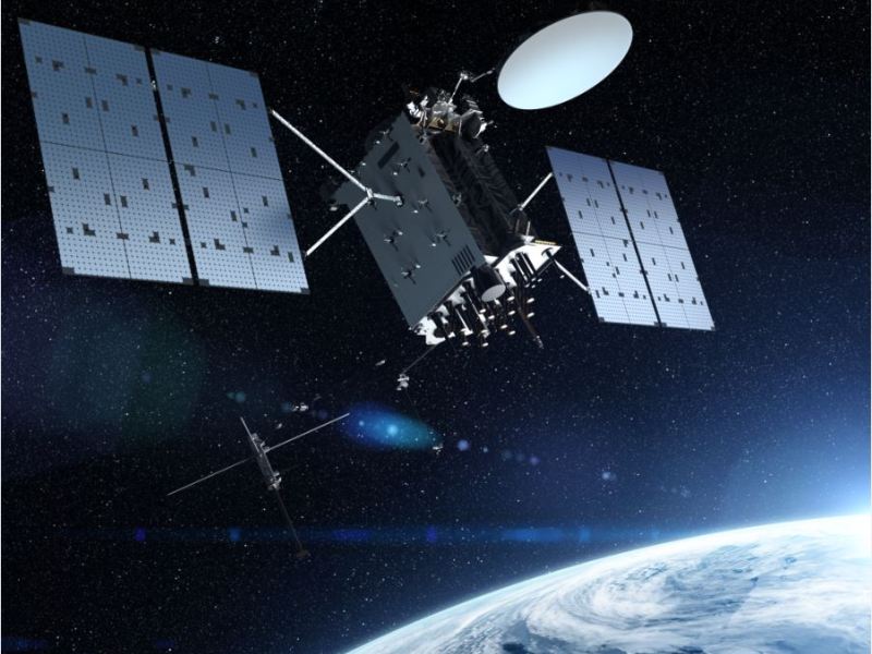 Illustration of a lockheed martin GPS IIIF satellite in orbit.