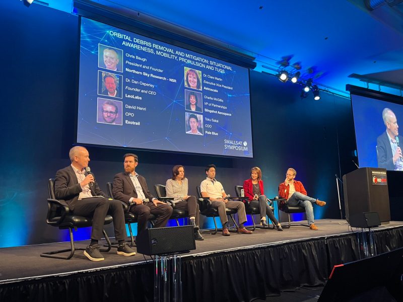 Panelists at the 2023 SmallSat Symposium in Mountain View, California, discuss the challenges of space congestion and what the industry is doing to tackle the problem. Credit: Debra Werner / SpaceNews