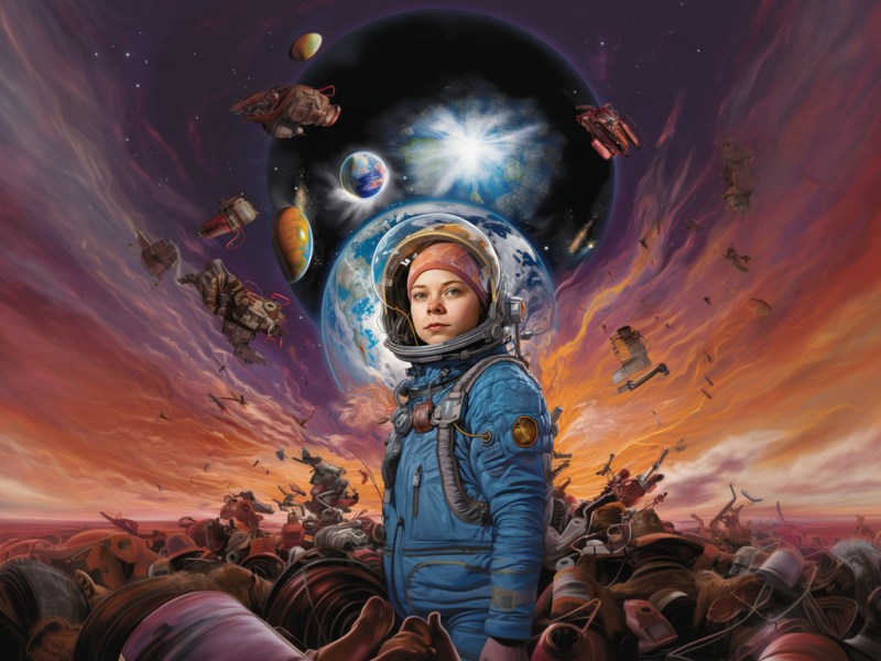 A digital illustration of a young astronaut in a blue space suit against a swirling purple and orange background