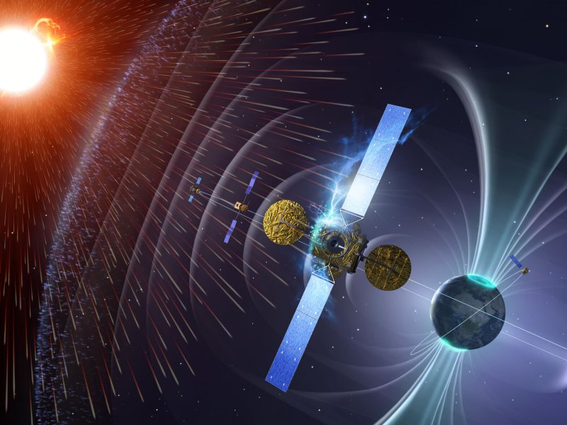 Illustration of a satellite bombarded by solar weather in its orbit around Earth, which has an illustrated magnetosphere.