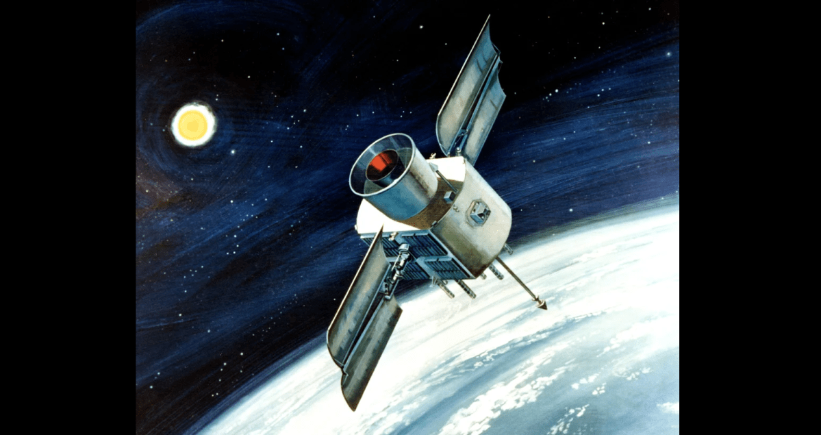 painting of a GPS satellite in orbit.