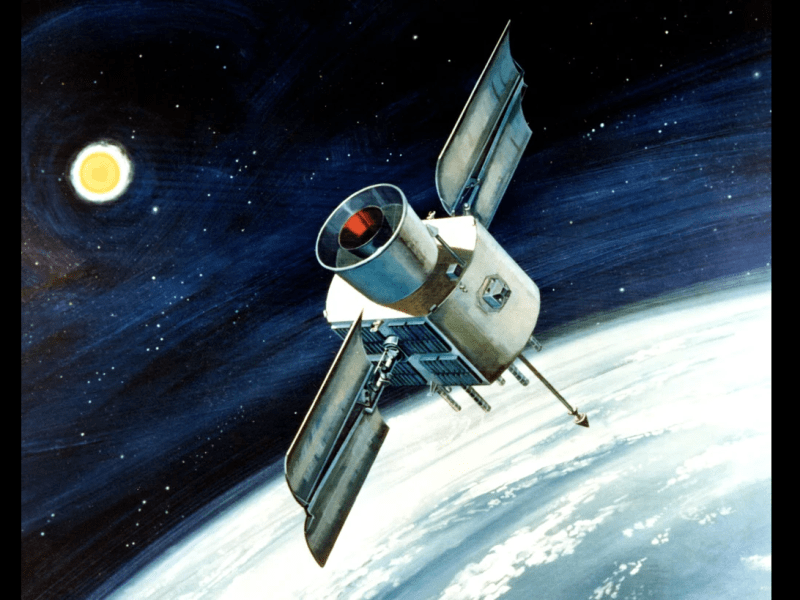 painting of a GPS satellite in orbit.