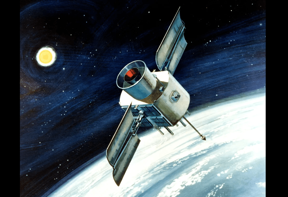 painting of a GPS satellite in orbit.