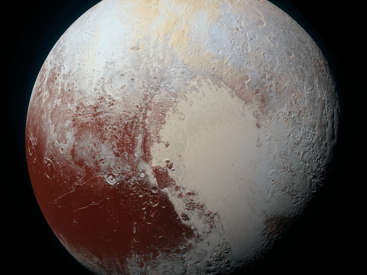 Enhanced color global view of Pluto, taken in 2015 when NASA’s New Horizons spacecraft was 280,000 miles away. Credit: NASA