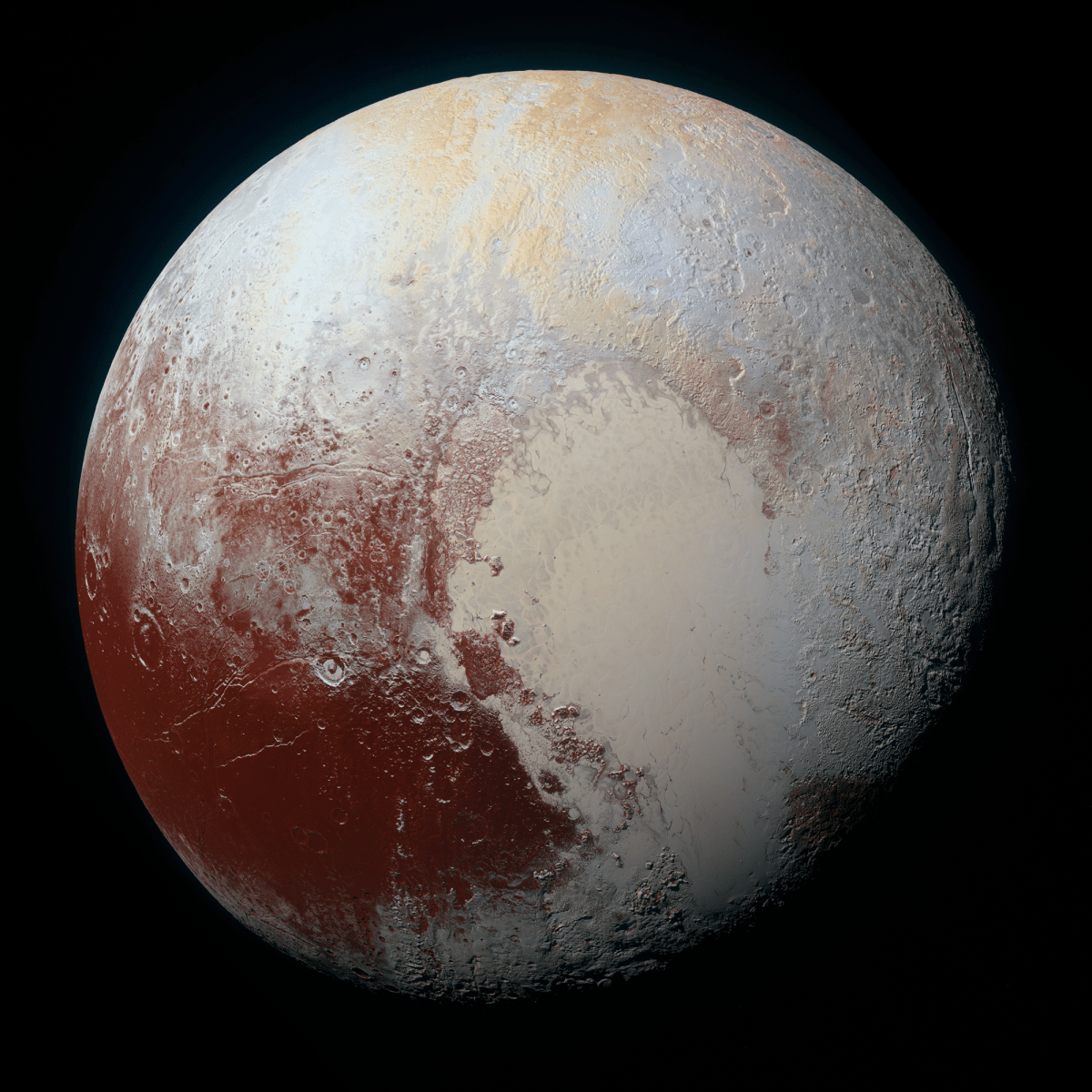 Enhanced color global view of Pluto, taken in 2015 when NASA’s New Horizons spacecraft was 280,000 miles away. Credit: NASA