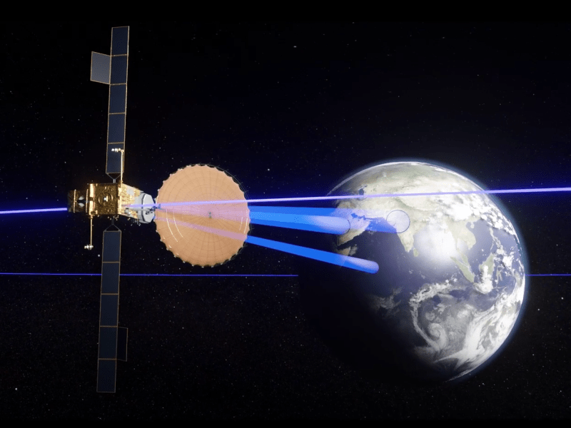 illustration of a satellite beaming down mobile service to Earth from orbit.